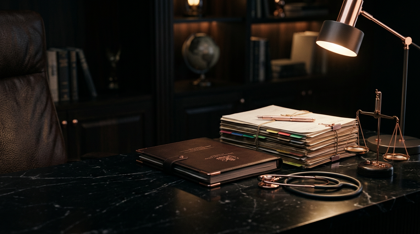 A dark office desk with medical records, a stethoscope and rose gold scales of justice